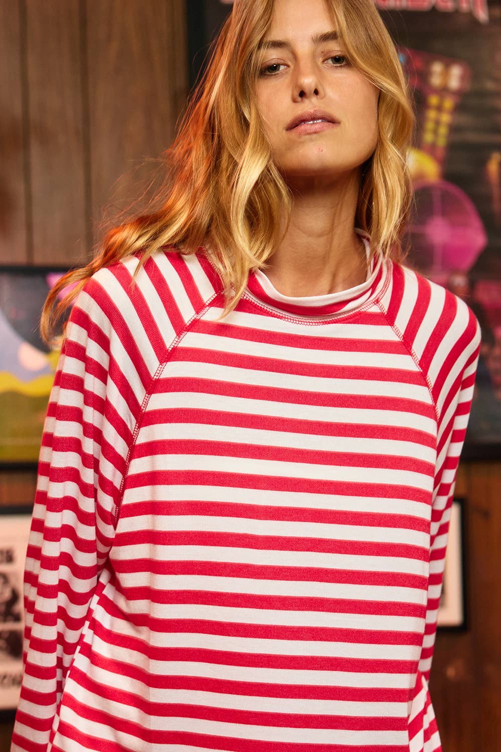 Raglan Sleeves Mock-Neck Striped Oversized Top