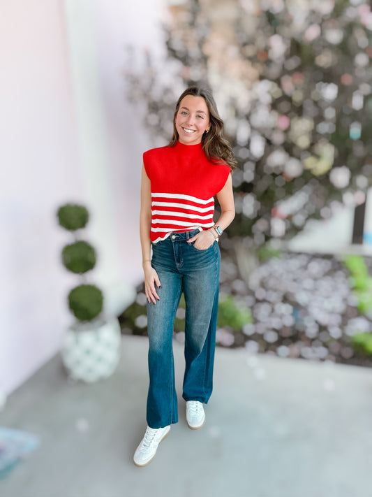 Red Striped Mock Neck Sleeveless Sweater