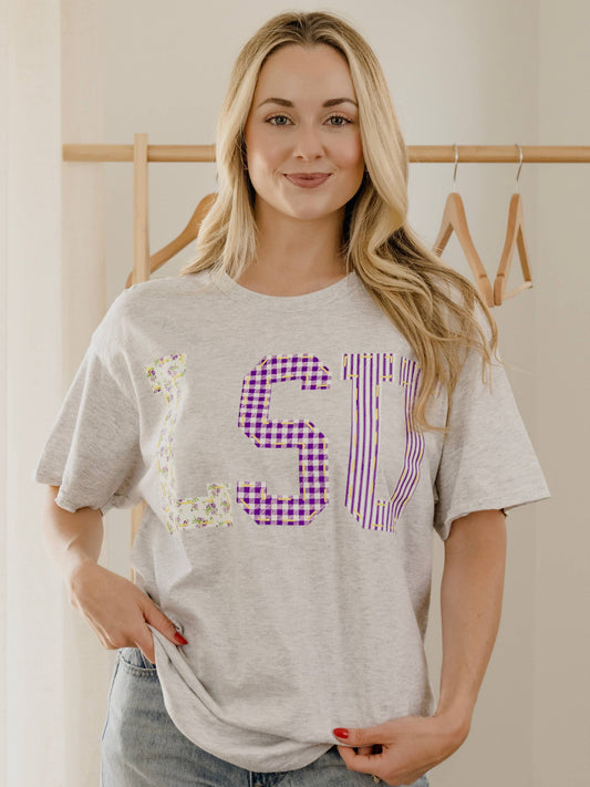 LSU Tigers Quilted Puff Ink Ash Gray Thrifted Tee