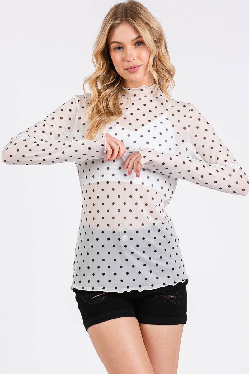 White Polka Dot Mesh Long Sleeve Top