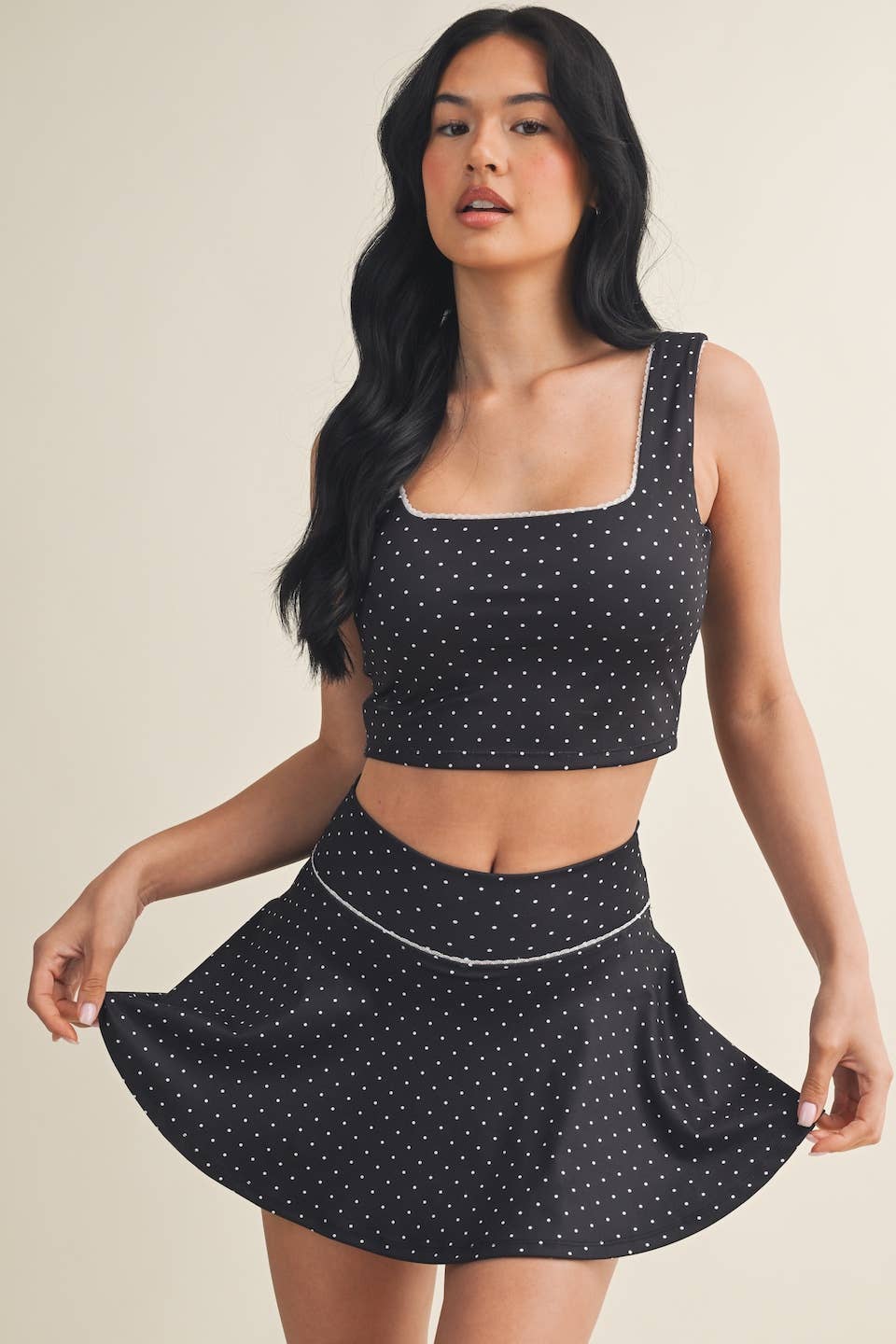 Polka Dot Print Mini Circle Skort with Bow Back Black
