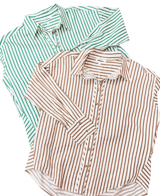 Stay Close & Button Up Green Striped Top