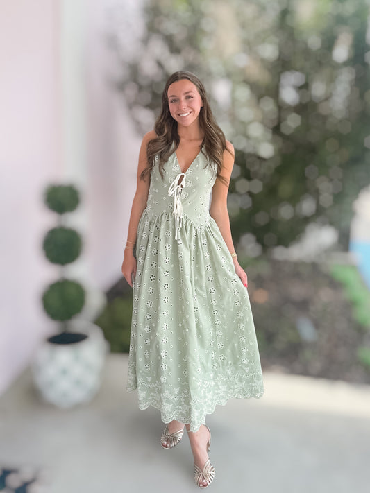 Kate Sage Floral Eyelet Midi Dress