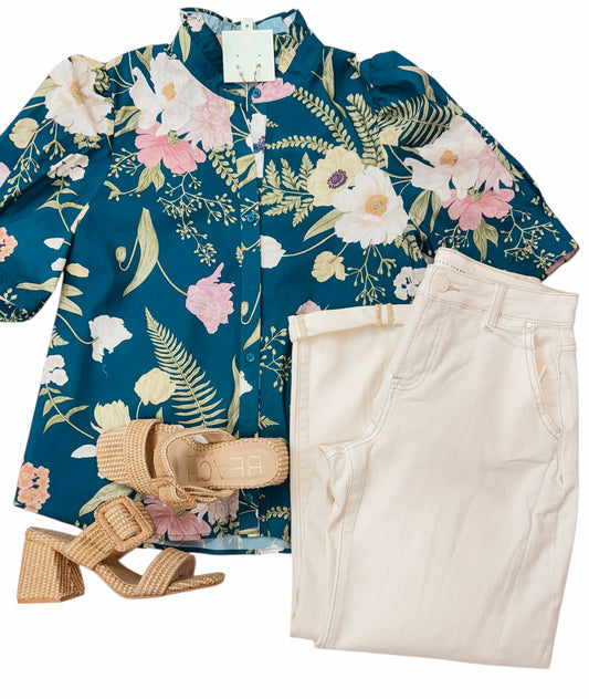 Teal Be Mine Floral Button Up