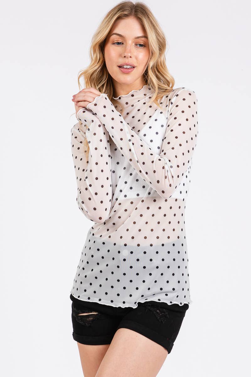 White Polka Dot Mesh Long Sleeve Top