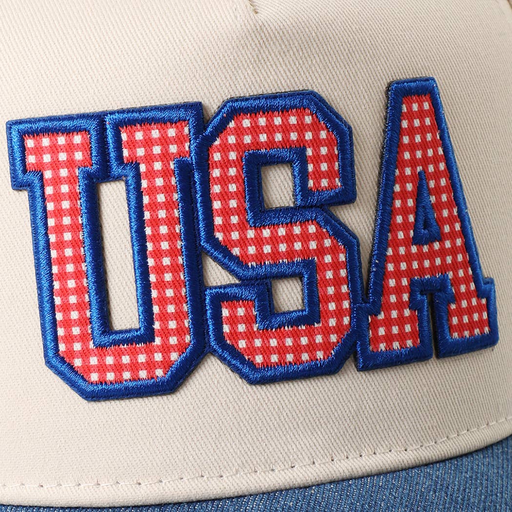USA Gingham Letter Patch Star Brim Denim Cap