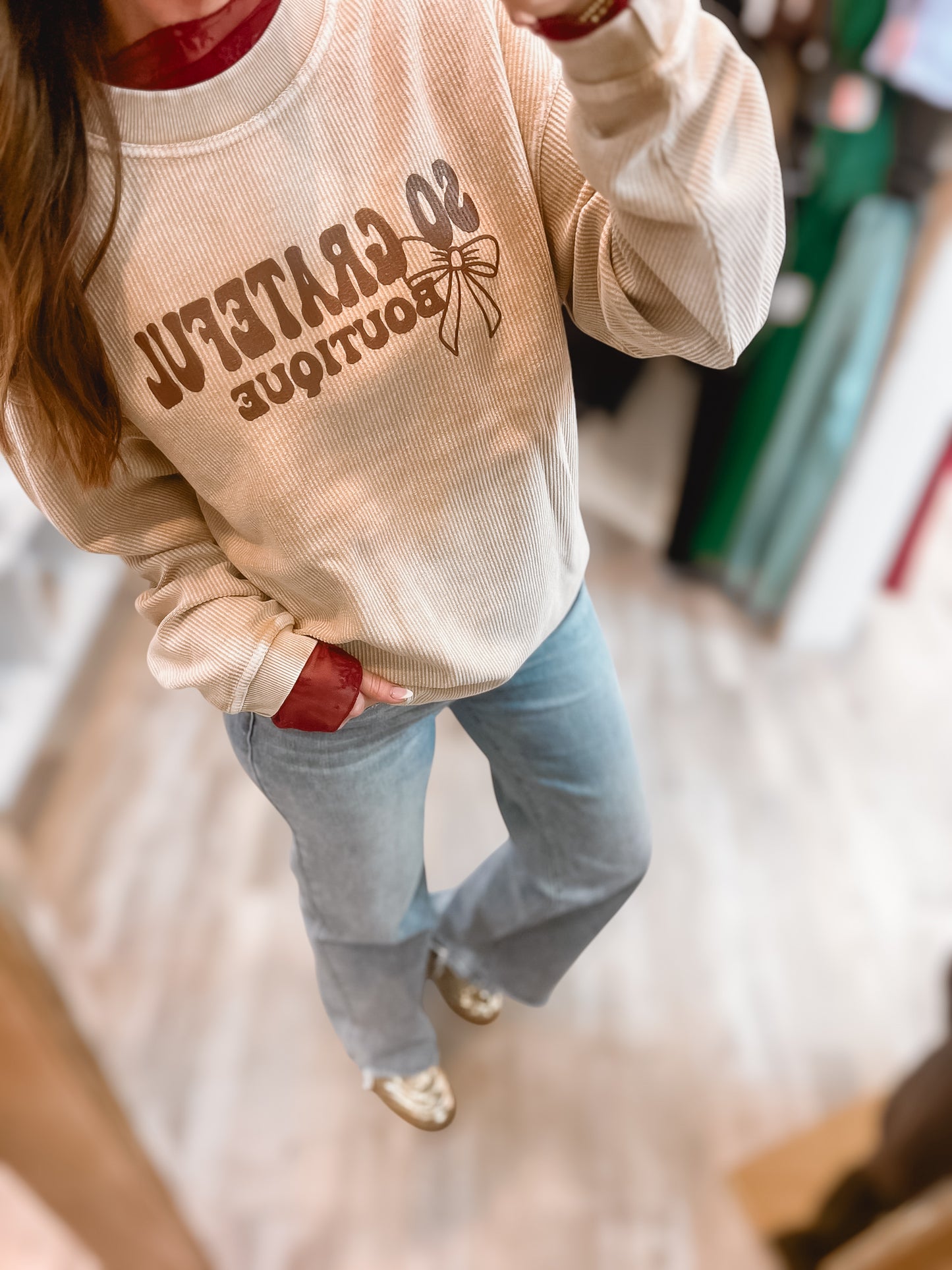 Latte Corded Bow Logo Crewneck