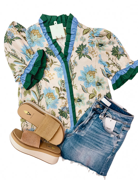 Poppy Ruffle Green Floral Top