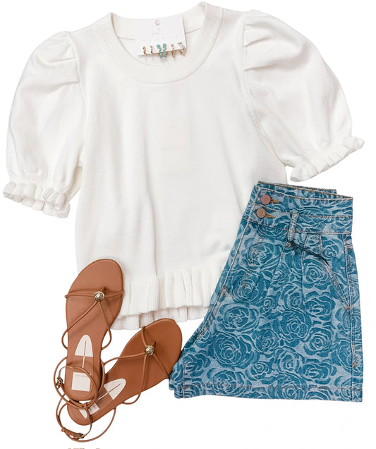 Cream Ruffle Short Sleeve Sweater