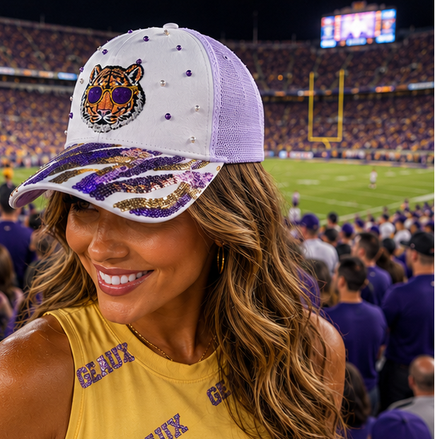 Tigers Louisiana Pearl Purple and Gold Sequin Trucker Hat