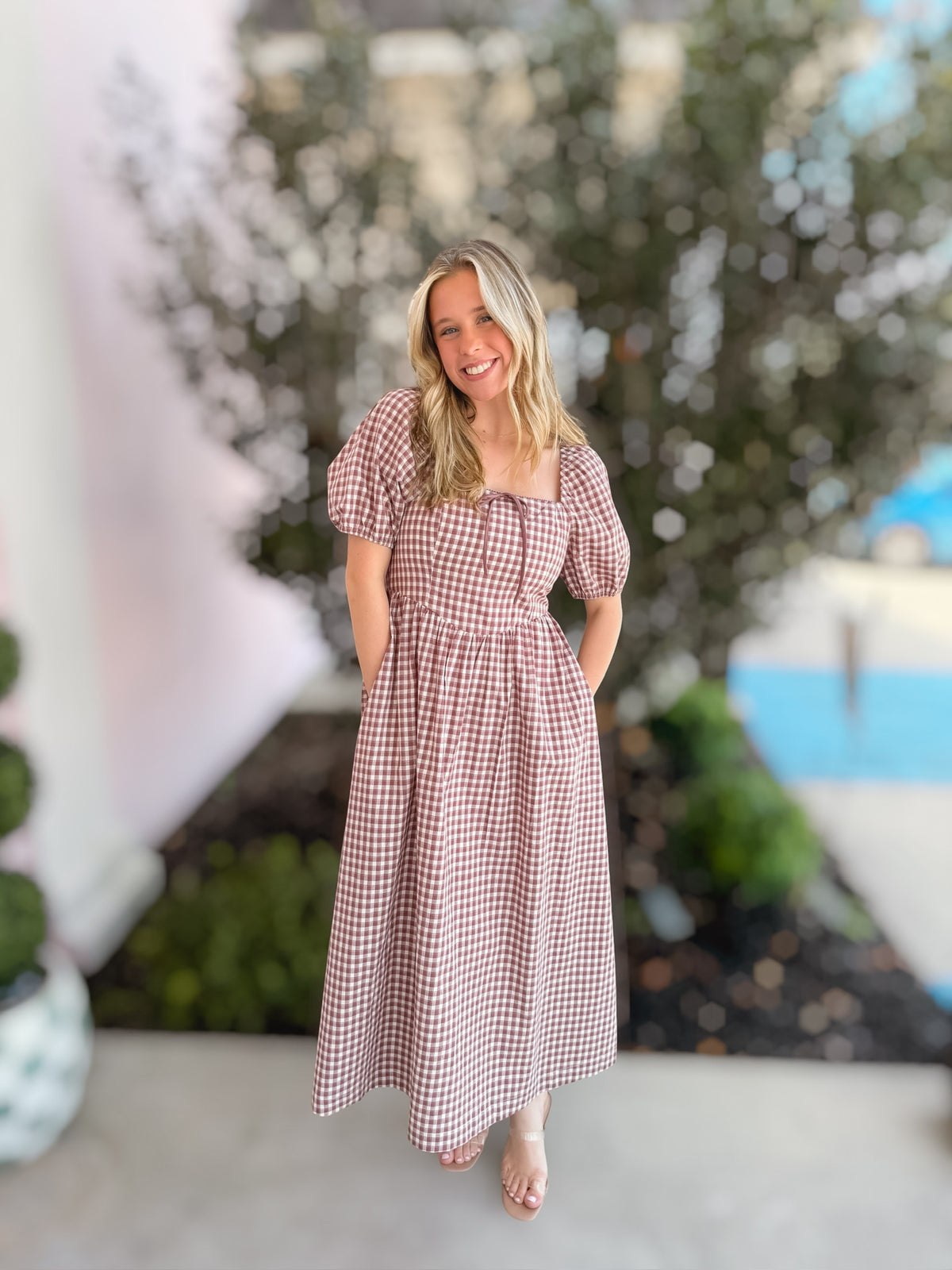 Red Bean Gingham Midi Dress