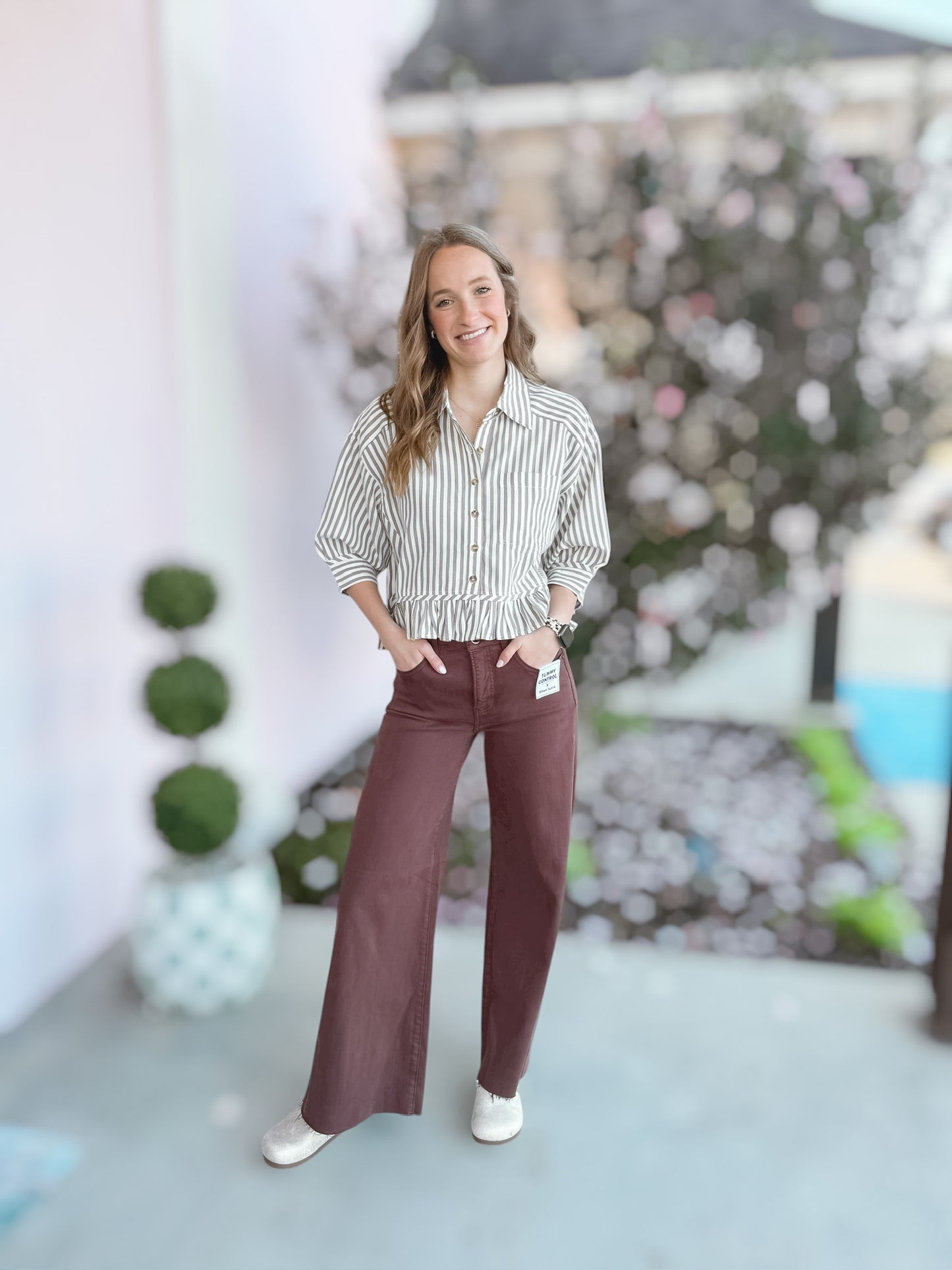 Mocha Striped Button Up Top