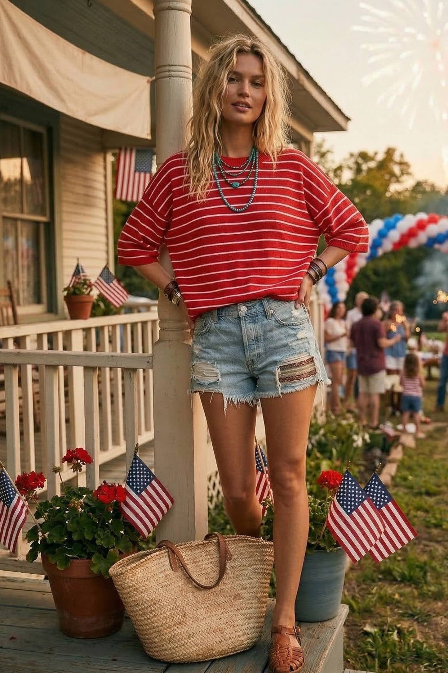 Red Oversized Striped Knit Short Sleeve Top
