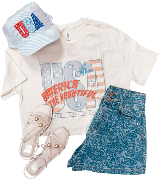4th of July America The Beautiful Off White Cropped Tee