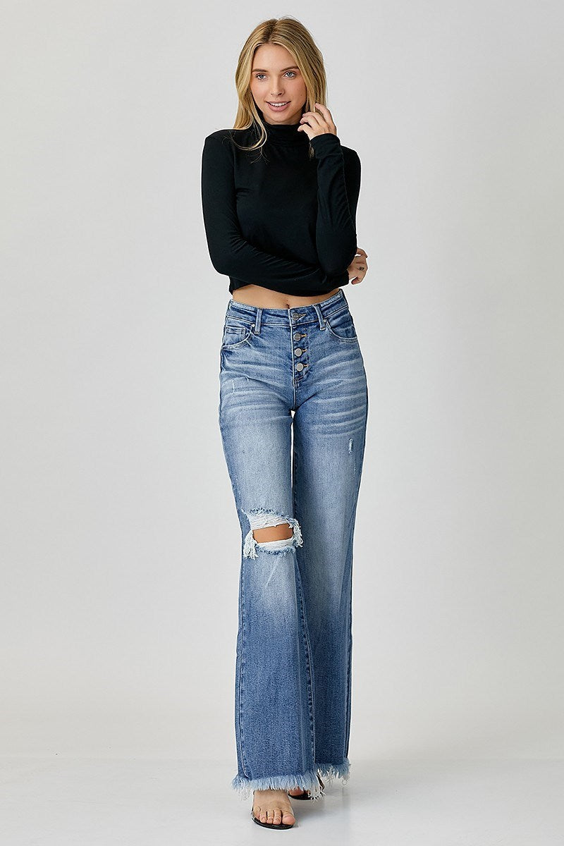 Solice Mid Rise Button Down Wide Leg Jeans
