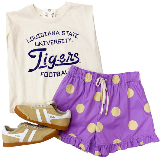 Gameday Ruffle Hem Polka Dot Shorts