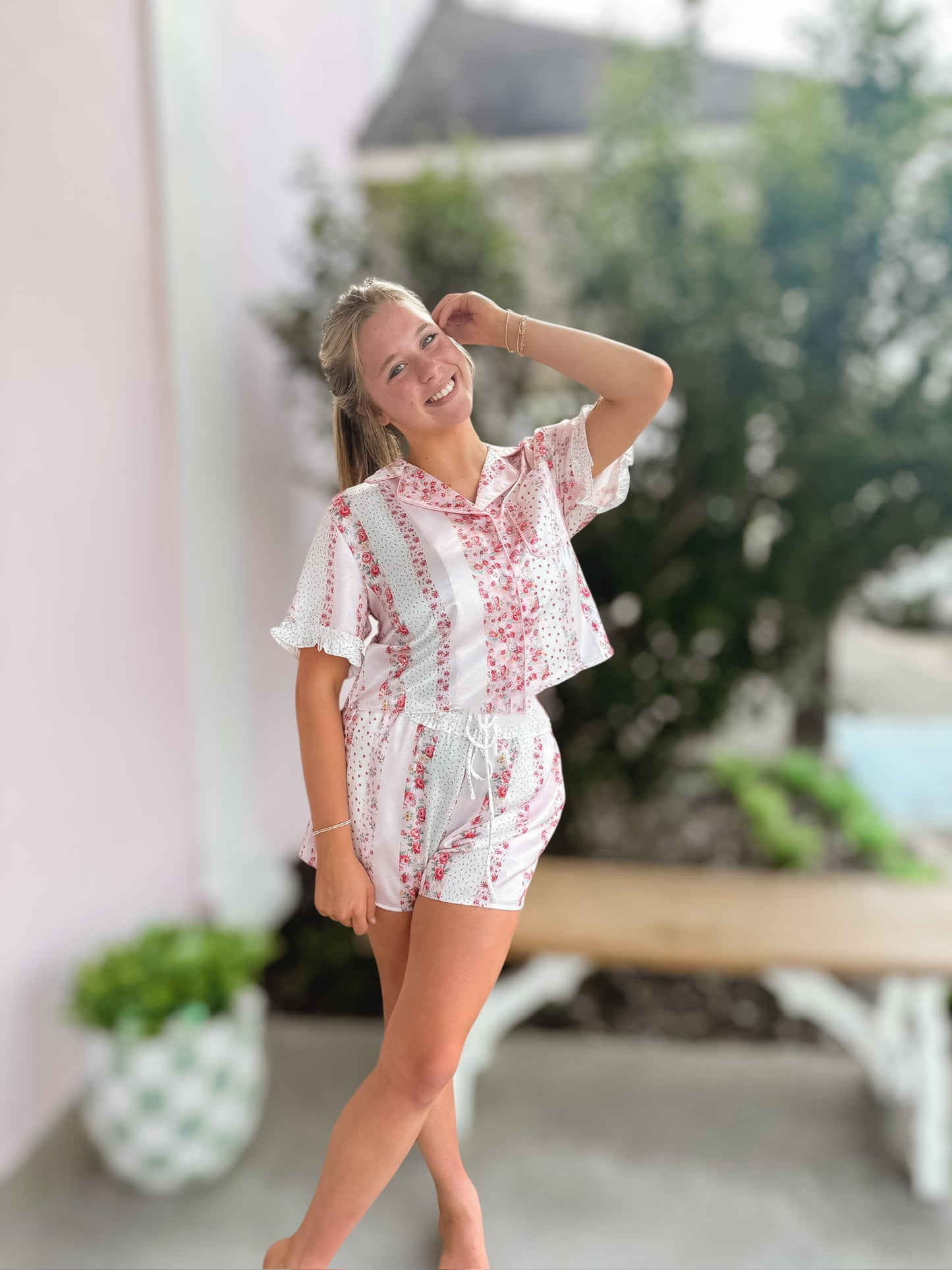 Ruffles & Florals Satin PJ Set in Pink