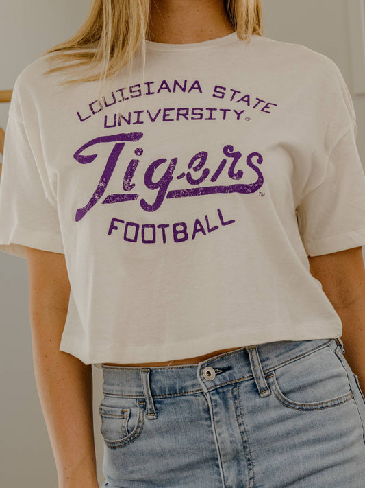 Geaux LSU Tigers Football Stencil Off White Cropped Tee