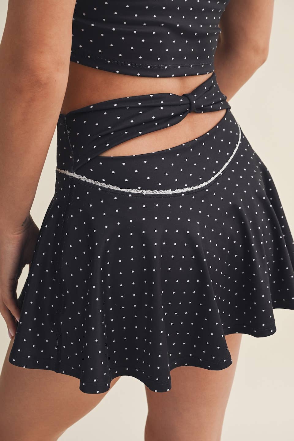 Polka Dot Print Mini Circle Skort with Bow Back Black