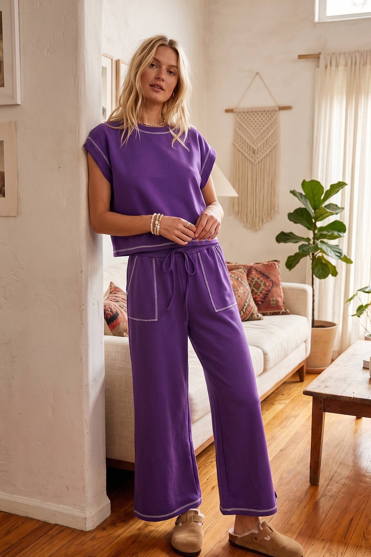 Purple Scuba Contrast Stitch Lounge Set