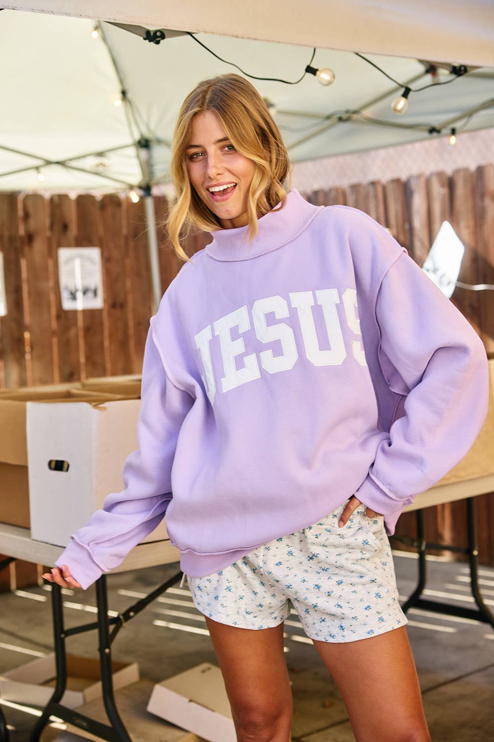 JESUS' Embroidered Mock Neck Sweatshirt Lavender