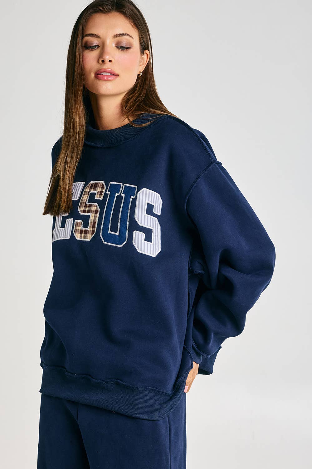 Jesus Embroidered Patchwork Mock-neck Sweatshirt