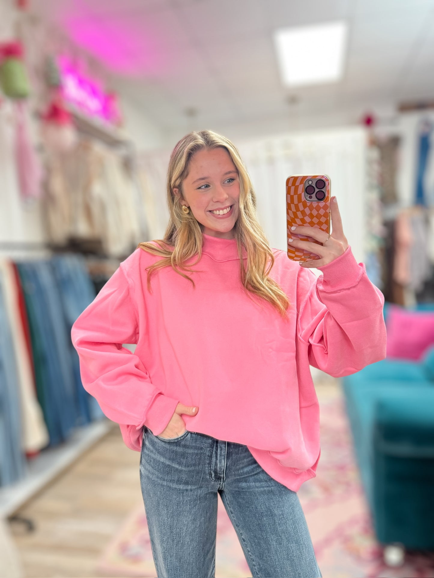 Fill My Cup Pink Solid Reversible Mock Neck Sweatshirt