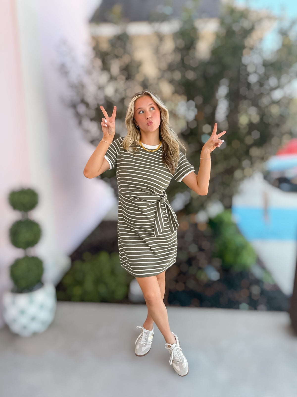 Tied To You Olive Striped Dress
