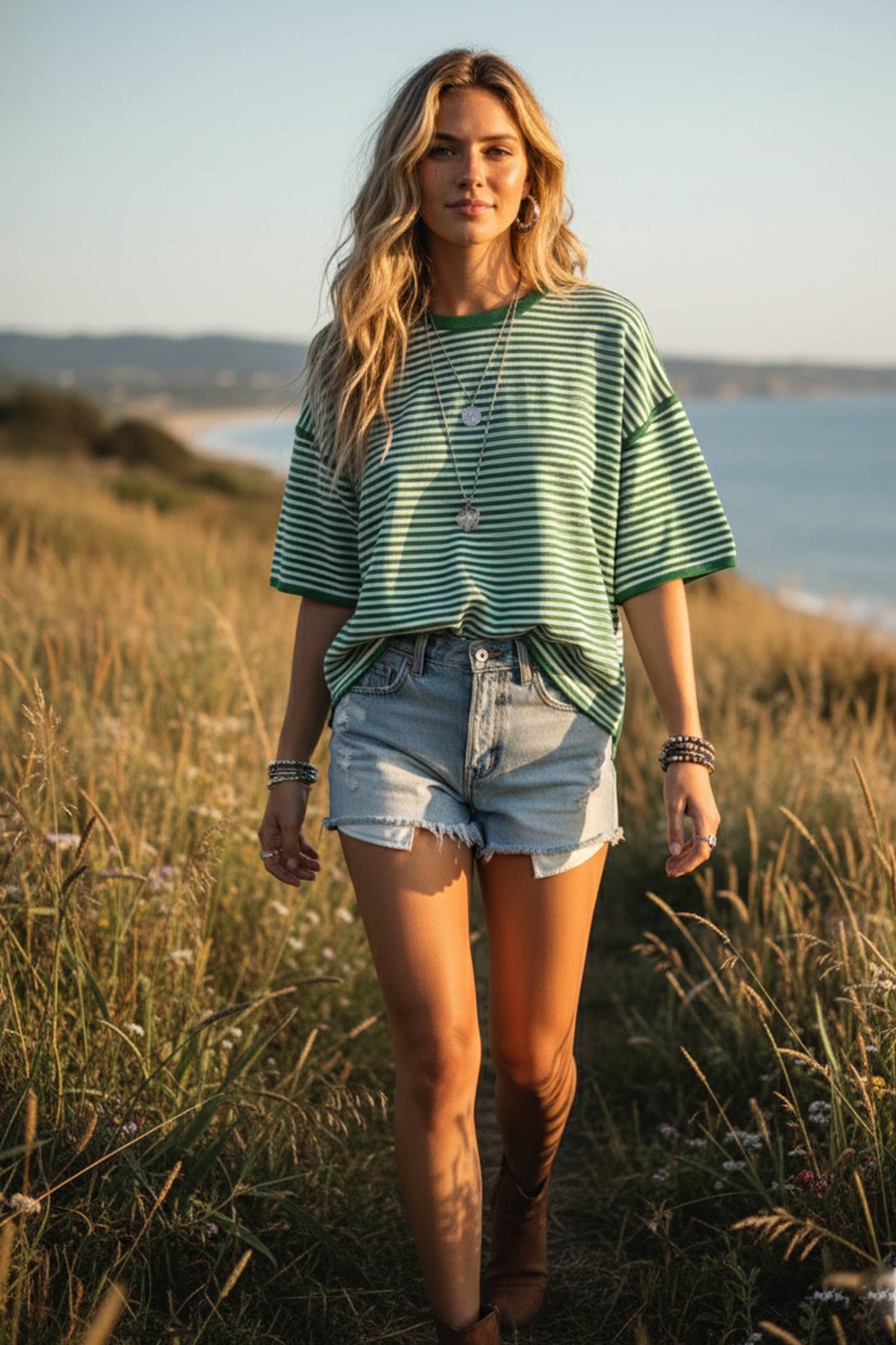 Green Striped Oversized Knit Top