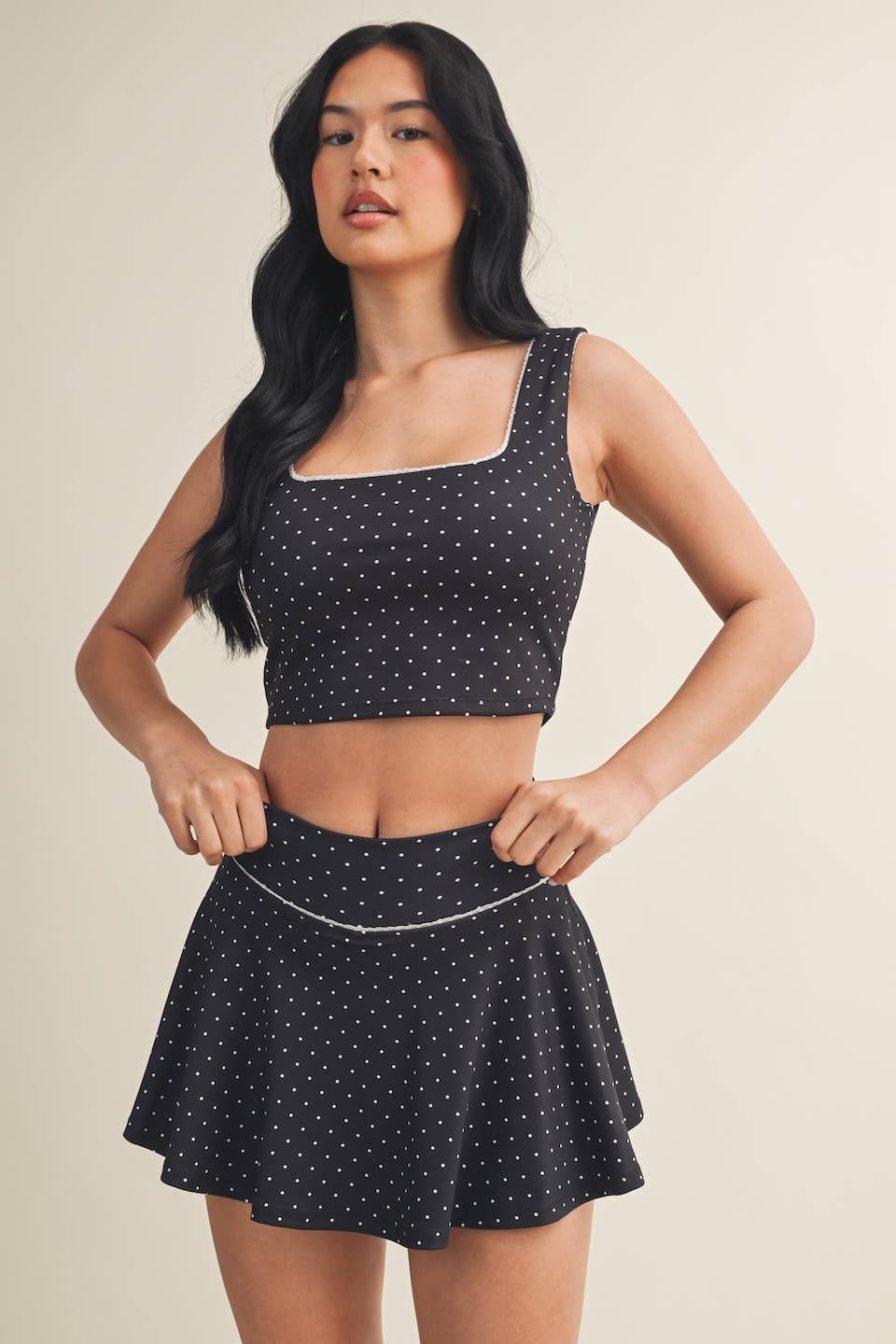 Polka Dot Print Mini Circle Skort with Bow Back Black