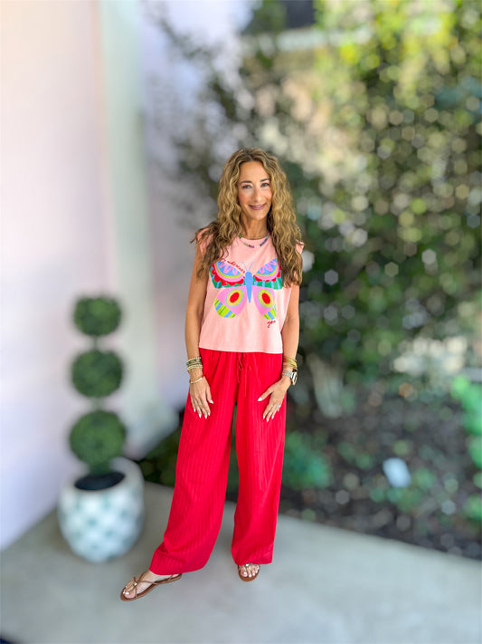 Strawberry Red Linen Drawstring Pants