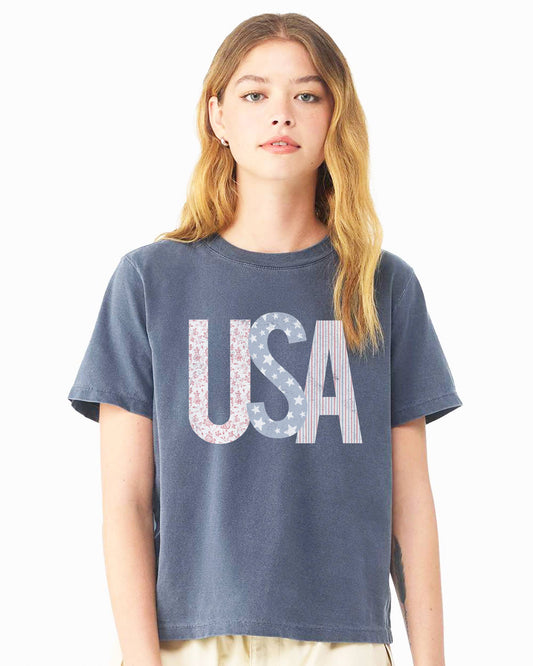 4th of July USA Floral Stars & Stripes Washed Navy Ellie Tee