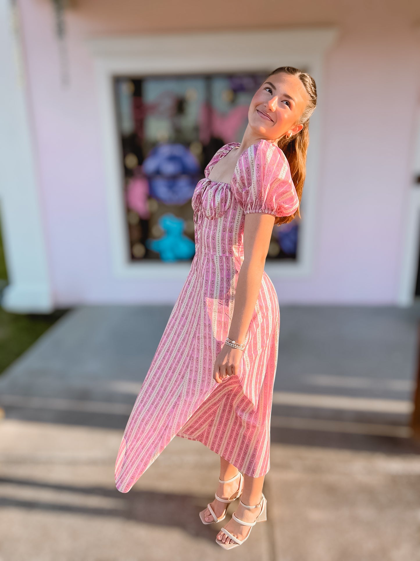 Say It Ain’t So Pink Striped Floral Midi Dress