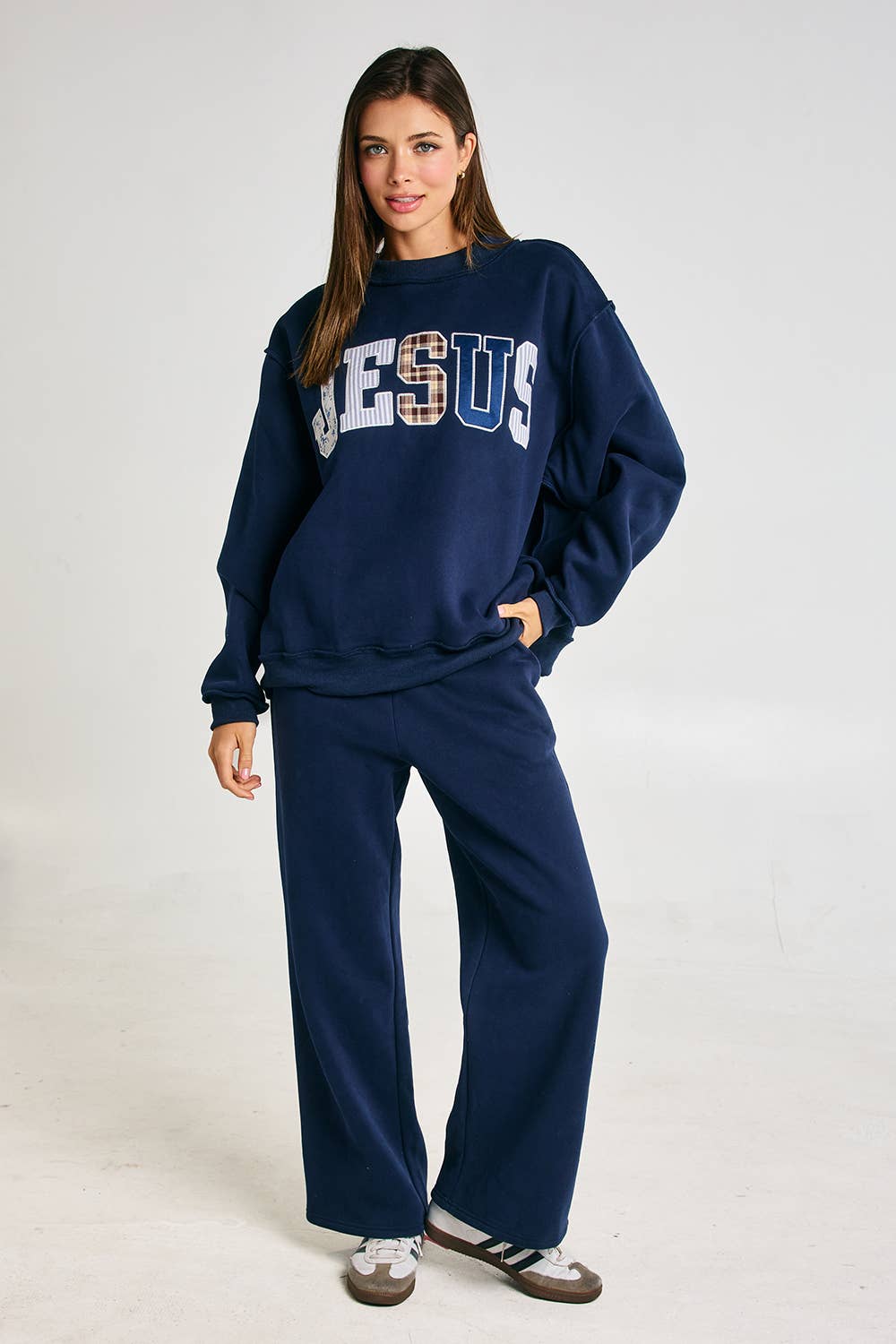 Jesus Embroidered Patchwork Mock-neck Sweatshirt
