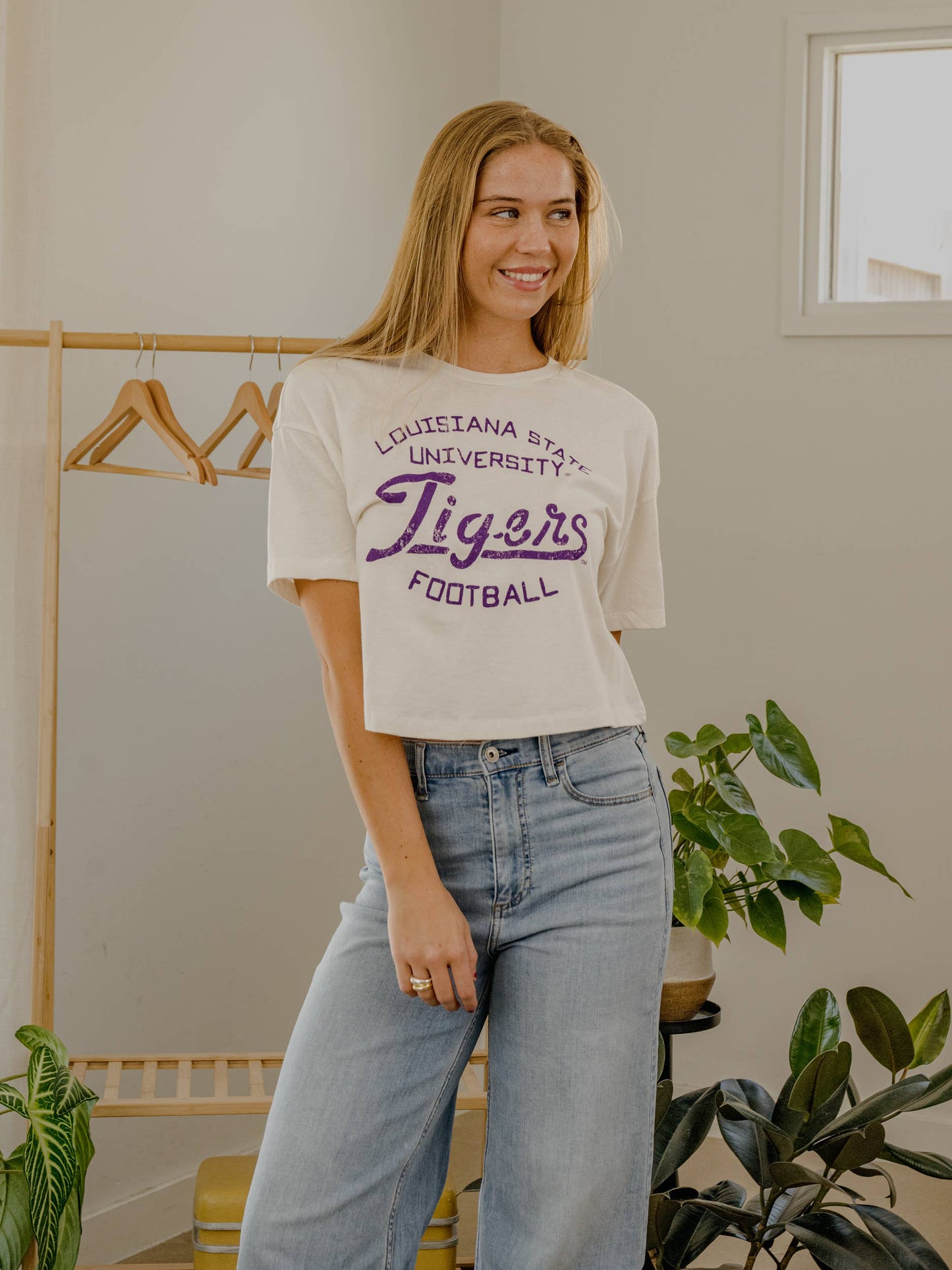 Geaux LSU Tigers Football Stencil Off White Cropped Tee