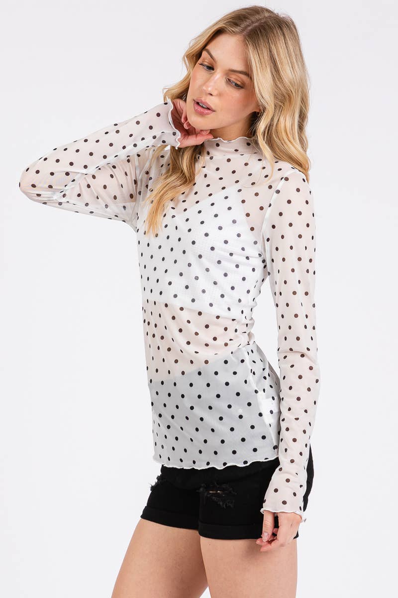White Polka Dot Mesh Long Sleeve Top