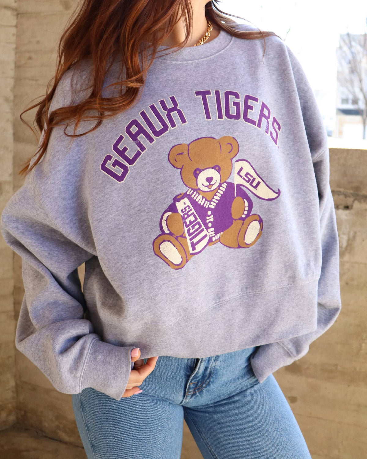 Geaux LSU Tigers Bear Gray Hi-Dive Oversized Crew Sweatshirt