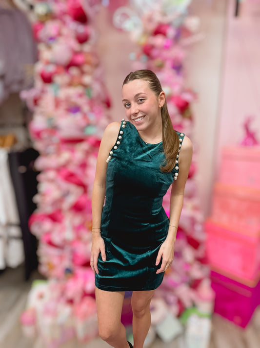 Holiday Pearl Velvet Party Dress Hunter Green