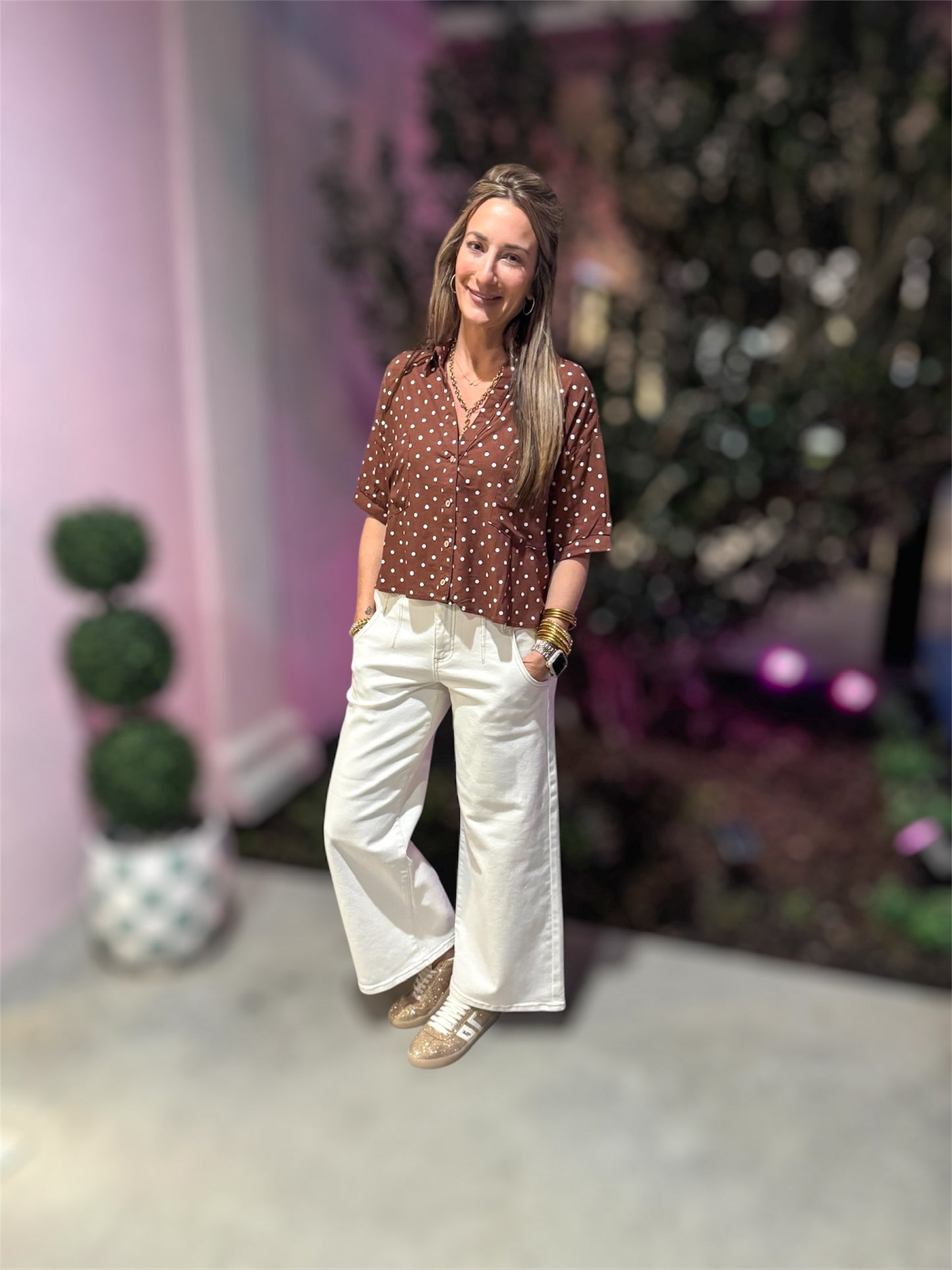 Chocolate Polka Dot Button Up