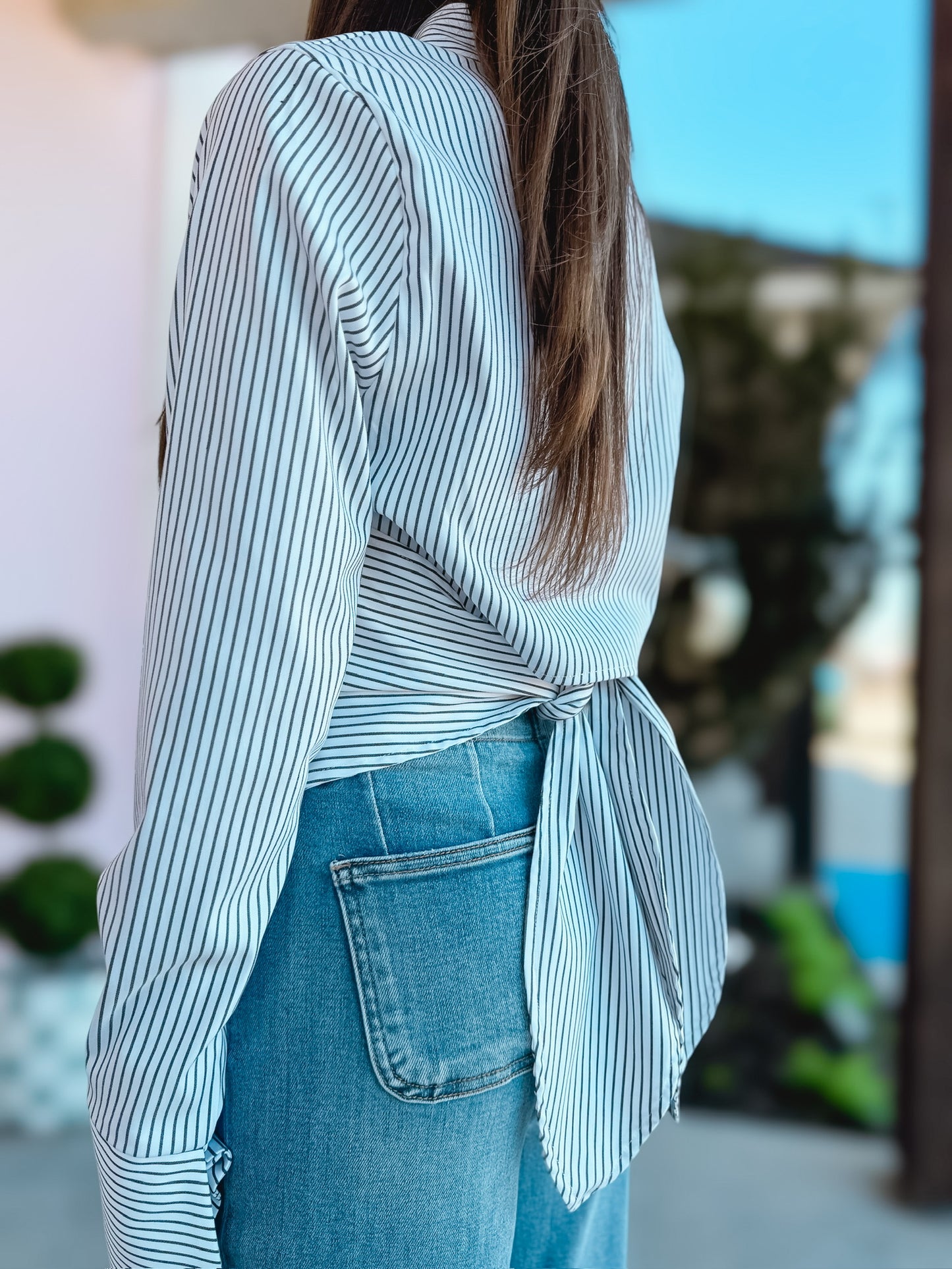 Cut-Out & Waist Tie Back Stripe Print Shirt
