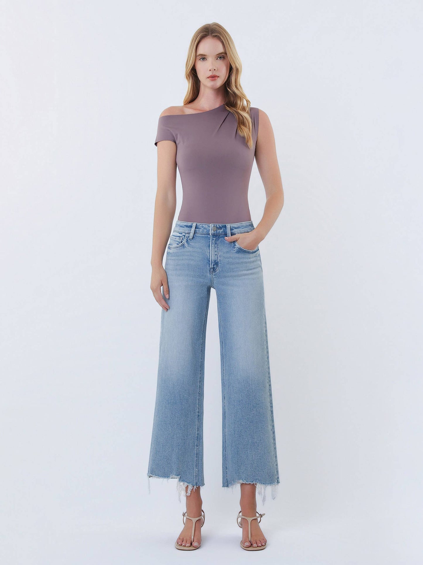 Imagine HR Distressed Hem Crop Wide Leg Denim
