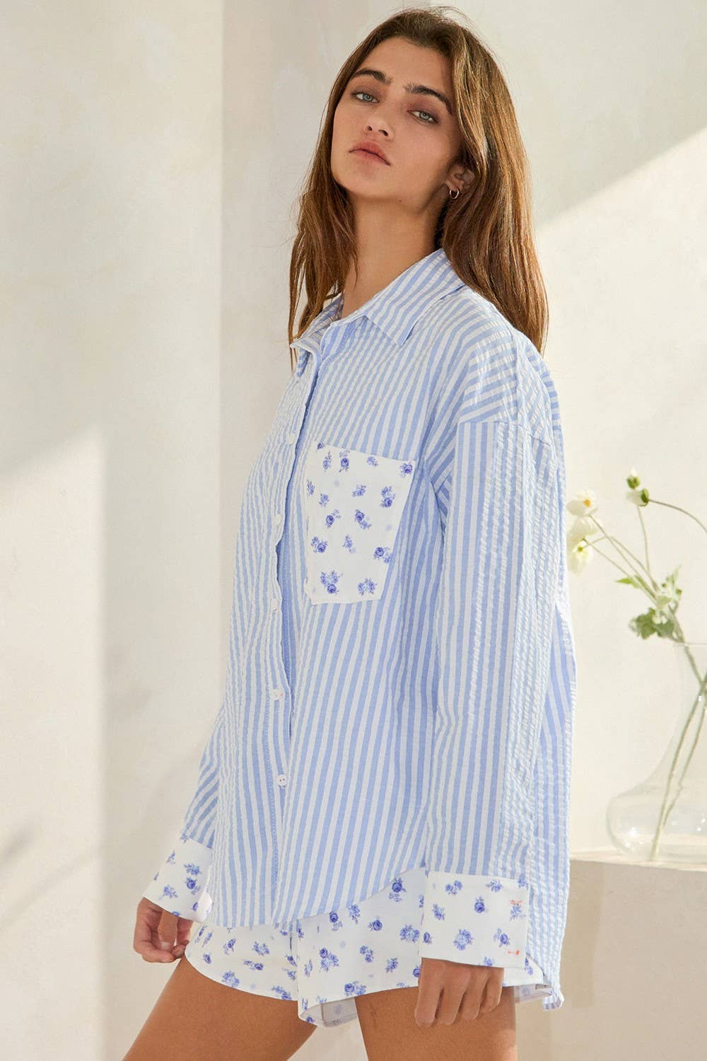 Floral Contrast Detail Button-Down Shirts