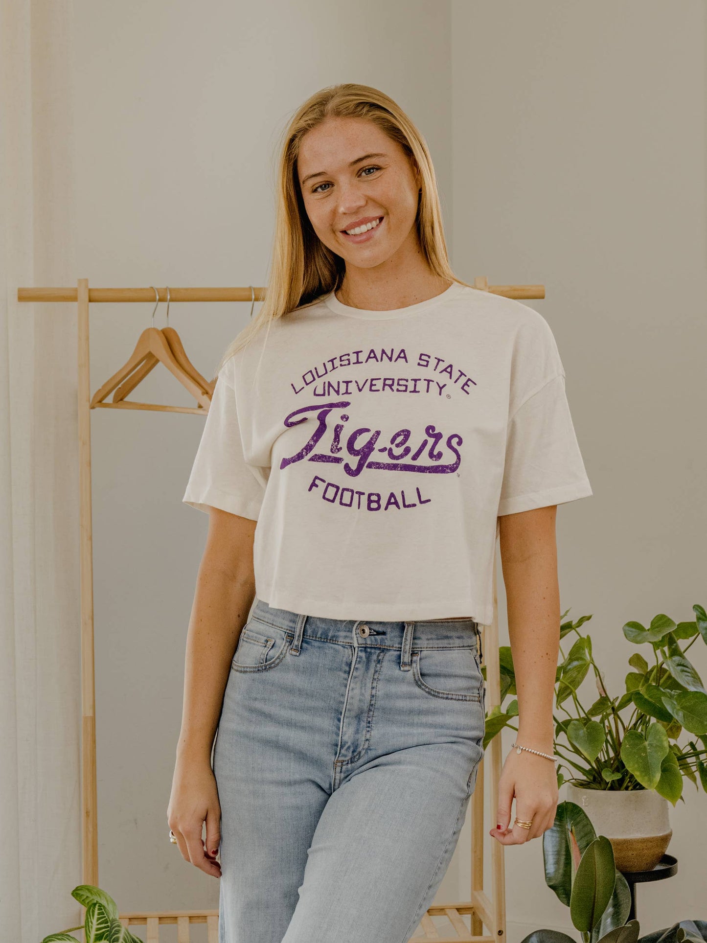 Geaux LSU Tigers Football Stencil Off White Cropped Tee