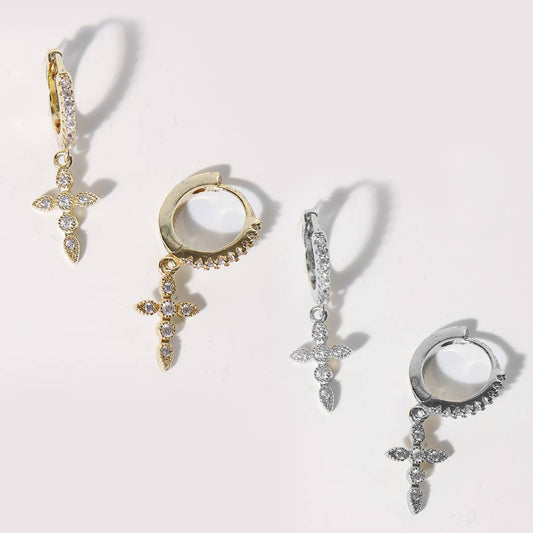 Pave CZ Cross Charm Huggie Hoop Earrings