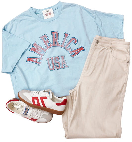 4th of July America Mega Arch Lt. Blue Thrifted Graphic Tee