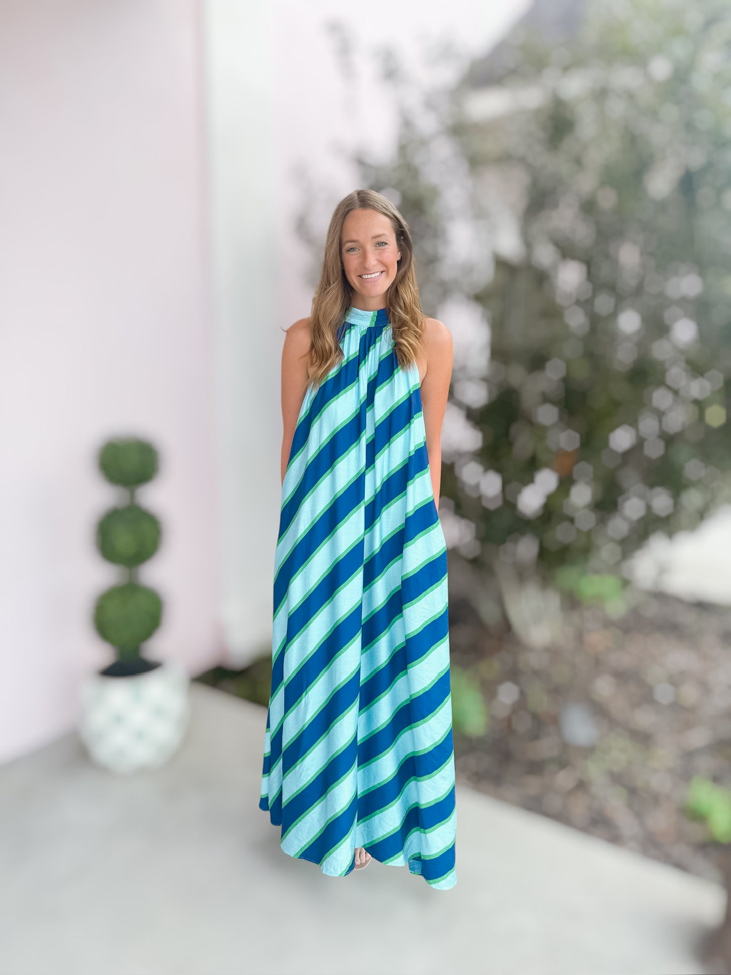 Classy Navy & Green Striped Maxi Dress
