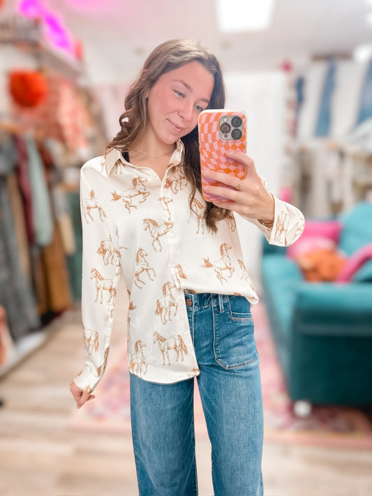 Giddy Up Satin Button Down Blouse