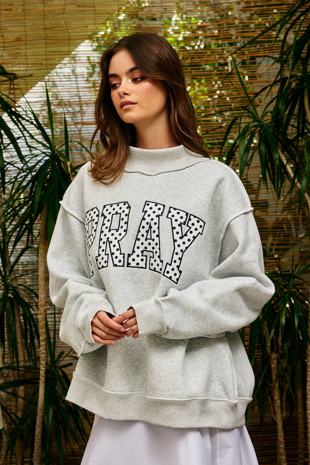 Pray Embroidered Heather Grey Mockneck