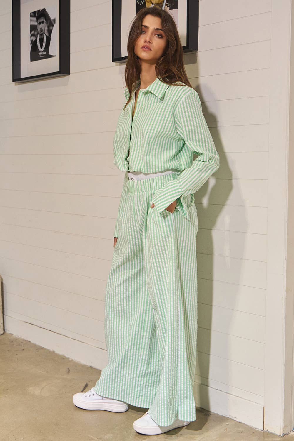 Sage Striped Seersucker Double Banded Exposed Boxer Pants