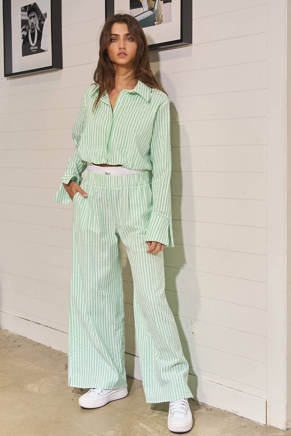 Sage Striped Seersucker Double Banded Exposed Boxer Pants
